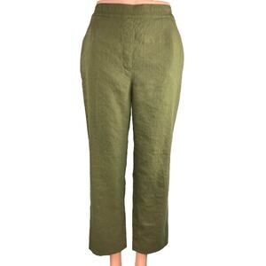 St. John Olive Green Linen Curvy High Rise Pull On Cropped Trouser Pants Sz XSP